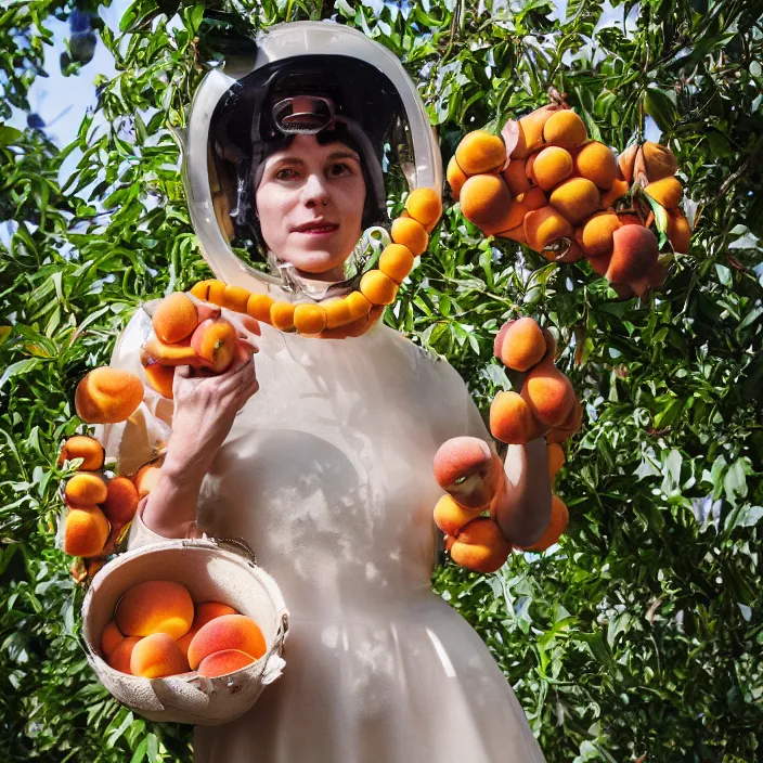 Prompt: a closeup portrait of a woman in a scuba helmet, wearing a dress made of beads, picking peaches from a tree, color photograph, by vincent desiderio, canon eos c 3 0 0, ƒ 1. 8, 3 5 mm, 8 k, medium - format print