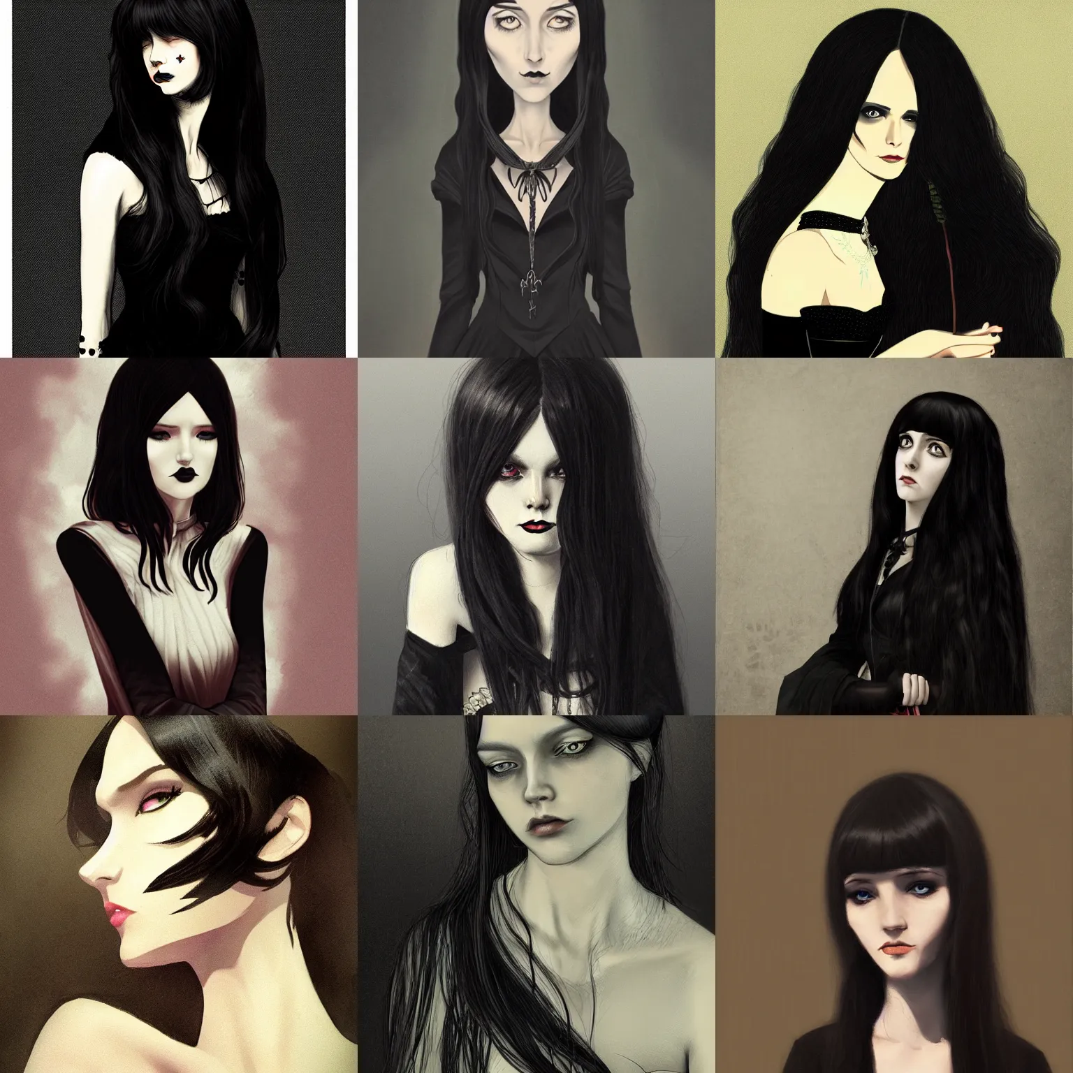 Prompt: the woman has long hair and black clothes, a character portrait by Louisa Matthíasdóttir, tumblr contest winner, baroque, goth, gothic, ilya kuvshinov