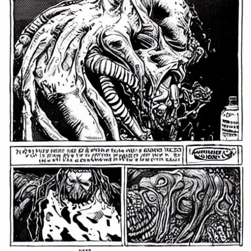 Prompt: blasphemous vile creature from The Thing, Cronenberg, Greg nicotero Cthulhu eating a human disgustingly