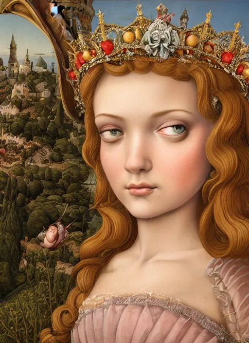 Prompt: closeup medieval botticelli face portrait of a fairytale princess wearing a crown eating cakes in the castle, bikini, depth of field, zeiss lens, detailed and intricate environment, fashion photoshoot by nicoletta ceccoli, mark ryden, lostfish, breathtaking, 8 k resolution, extremely detailed, beautiful, establishing shot, artistic, hyperrealistic, octane render