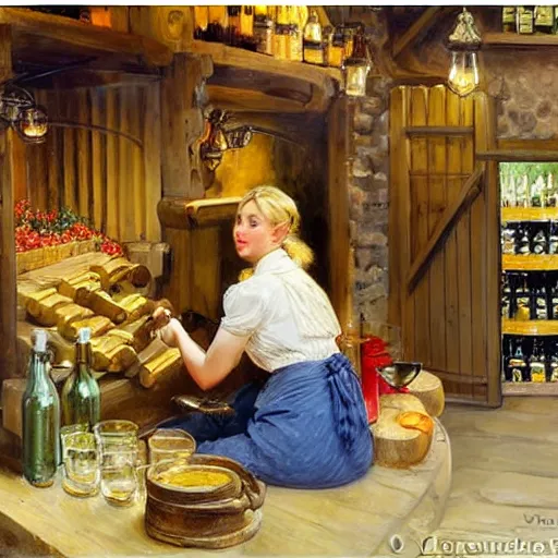 Image similar to hot blonde working in a wine cellar, food, pork, beer, schnapps, rustic, traditional, torches on the wall, painting by vladimir volegov and carl larsson