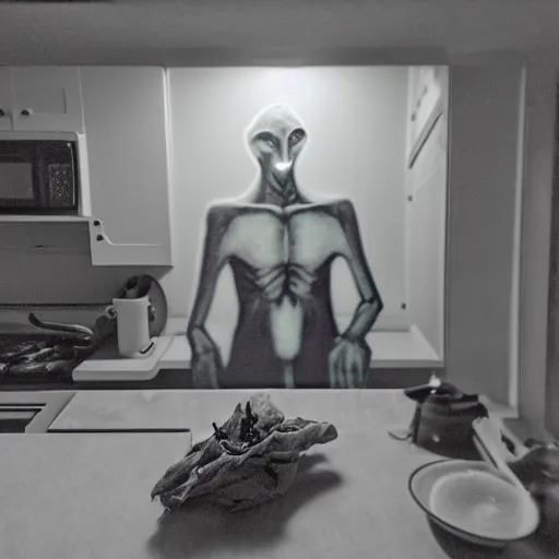 Prompt: trail cam photo of a grey alien in your kitchen at night