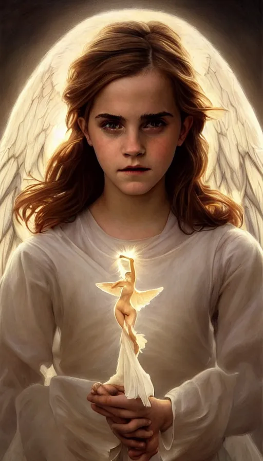 Prompt: angel, perfectly-centered-painting of young Emma watson, sweaty, dynamic action pose, insane, intricate, highly detailed, digital painting, artstation, concept art, smooth, sharp focus, illustration, Unreal Engine 5, 8K, art by artgerm and greg rutkowski and alphonse mucha