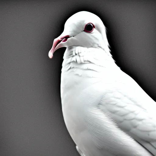 Image similar to a realistic photo of a white dove on a solid black background, high contrast, 8k, film grain, highly detailed