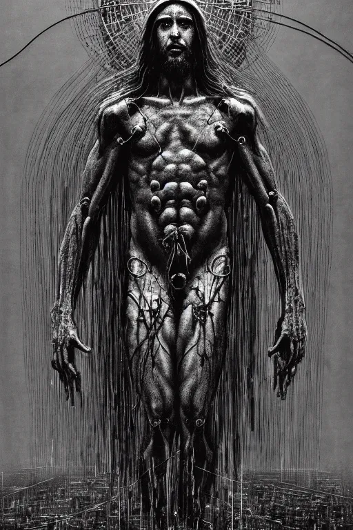 Image similar to full body shot of a cybernetic jesus on the cross, wires everywhere, cyberpunk art by beksinski and szukalski and giger and wlop and josan gonzalez, digital art, highly detailed, intricate, sharp focus, trending on artstation hq, deviantart, pinterest, unreal engine 5, 4 k uhd image