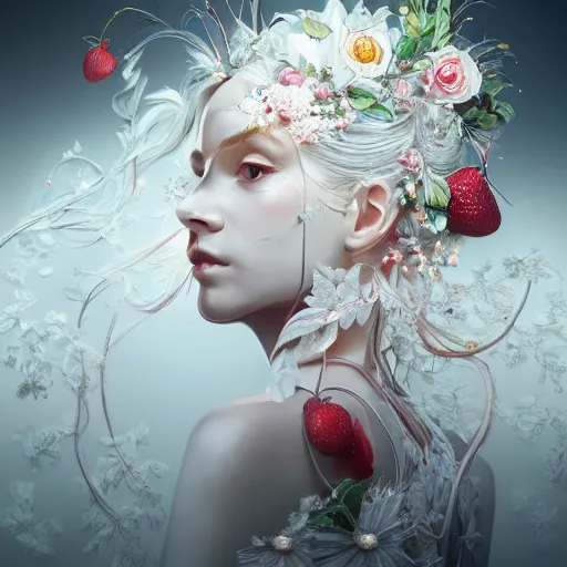 Image similar to the portrait of an absurdly beautiful, graceful, elegant, sophisticated, fashionable young woman made of strawberries and white petals looking down, an ultrafine hyperdetailed illustration by kim jung gi, irakli nadar, intricate linework, bright colors, octopath traveler, final fantasy, unreal engine 5 highly rendered, global illumination, radiant light, detailed and intricate environment