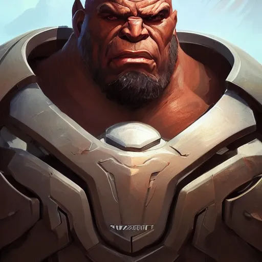 Image similar to sci fi fantasy character portrait of a huge muscular tall giant Doomfist from Overwatch, intricate, wild, highly detailed, digital painting, artstation, upper body, concept art, smooth, sharp focus, illustration, art by artgerm and greg rutkowski and alphonse mucha