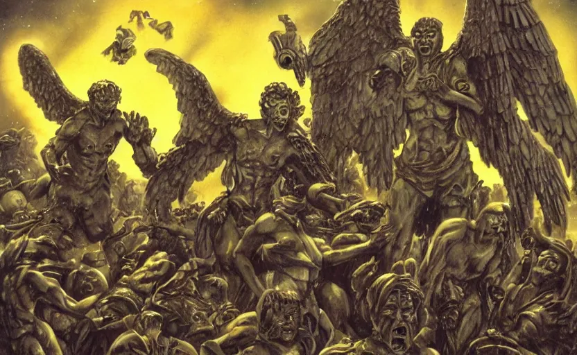 Prompt: weeping angels battle an army of robots in graveyard at night, by boris vallejo