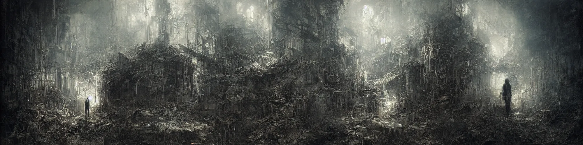 Image similar to lost and alone in an industrial wasteland by gustave dore and gustave moreau and beksinski and giger and craig mullins and jeremy mann