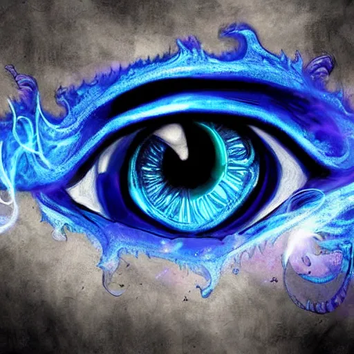Prompt: blue giant eye magic spell, magic spell surrounded by magic smoke, floating cards, hearthstone coloring style, epic fantasy style art, fantasy epic digital art
