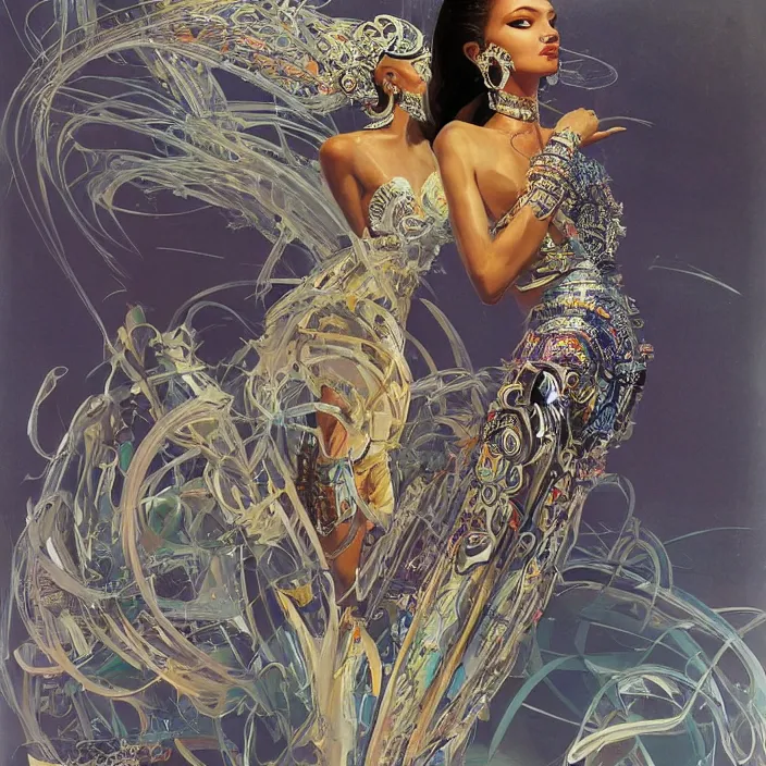 Prompt: cambodian princess, full body, high fashion, futurism, aerodynamic, flowing, intricate, ornate, highly detailed, digital painting, vogue, concept art, smooth, sharp focus, hd, art by syd mead and john berkey and annie leibovitz