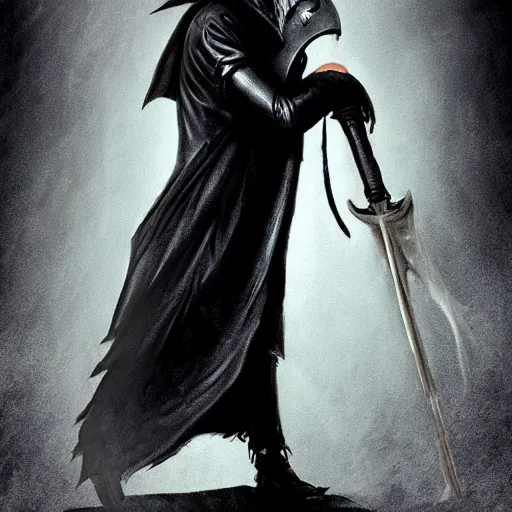 Image similar to epic fantasy plague doctor wearing a trench coat, gritty steampunk aesthetic, dramatic lighting, ultra hd