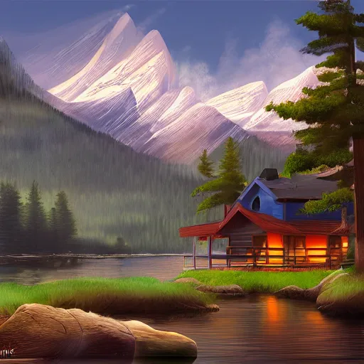 Prompt: digital painting of mountain lake cabin by Shinji Aramaki , trending on artstation