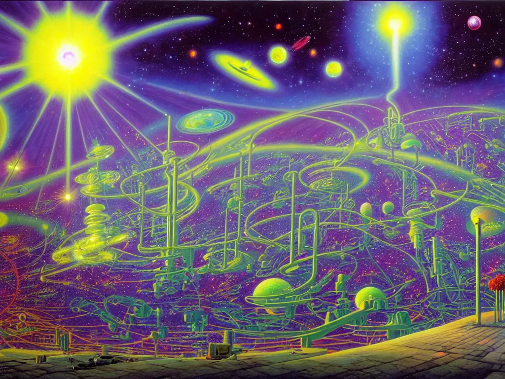 Image similar to a beautiful future for reality simulation, scientists and space flowers, utopian, by david a. hardy, wpa, public works mural, socialist