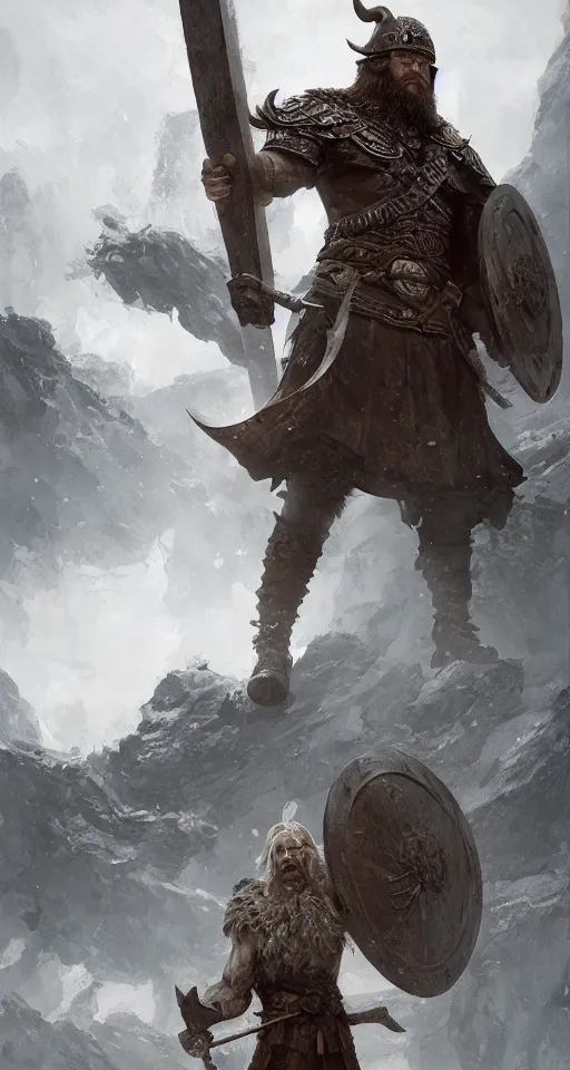 Image similar to the viking stands triumphantly as he enters the gates of valhalla. highly detailed, digital painting, artstation, smooth, sharp focus, illustration, masterpiece, art by ruan jia and jakub rebelka and artgerm