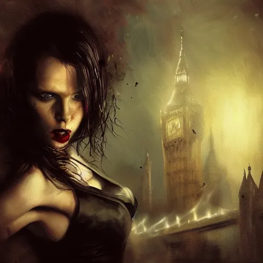 Image similar to the last vampire in london by raymond swanland, highly detailed, dark tones