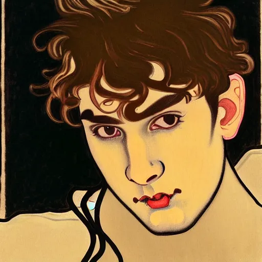 Image similar to painting of young cute handsome beautiful dark medium wavy hair man in his 2 0 s named shadow taehyung at the halloween pumpkin jack o'lantern party, depressed, melancholy, autumn, japan, elegant, clear, painting, stylized, delicate, soft facial features, delicate facial features, soft art, art by alphonse mucha, vincent van gogh, egon schiele