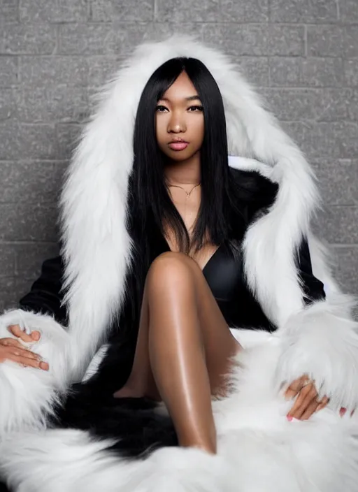 Prompt: an 8 k futuristic official photograph of a very attractive beautiful!!!!! model blasian!!! woman with long!!! straight black hair and bangs!!! wearing a huge furry white coat posing and sitting on a white furry couch, very aesthetic!!!, really bright