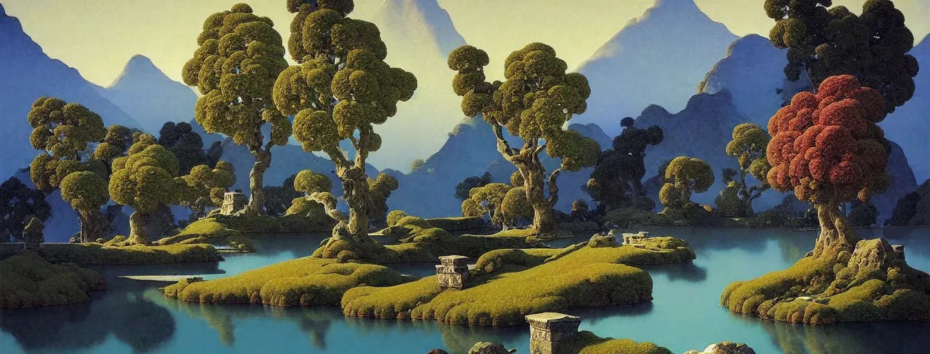 Image similar to a gorgeous very early spring landscape painting by barlowe wayne maxfield parrish and marco mazzoni. tree no leaf!!!! china mountain village!! grey blue and very little light verdancy. the winding stone steps. ultra clear detailed. 3 d, octane render. turbulent blood lake.