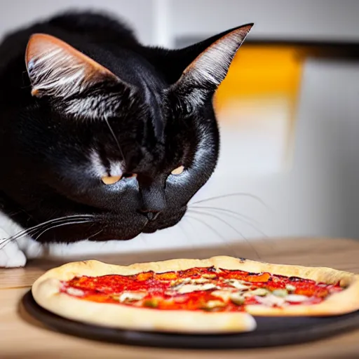 Image similar to ugly black and white exotic shorthair cat making pizza in a modern kitchen, realistic photo,