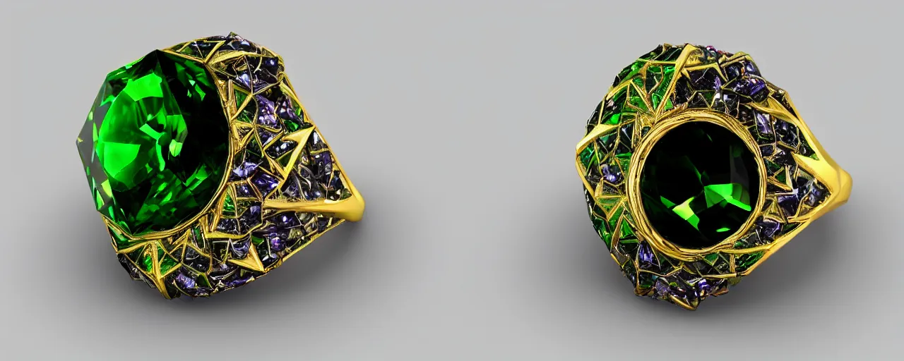 Image similar to simple magic crystal ring of poison, radiant cut, green, gold, black, purple. smooth shank, setting, prongs, crystal, engravings, diamonds, product design, jewelry, colorful, art by gerald brom, greg rutkowski and artgerm, photo realism, unreal engine, c 4 d