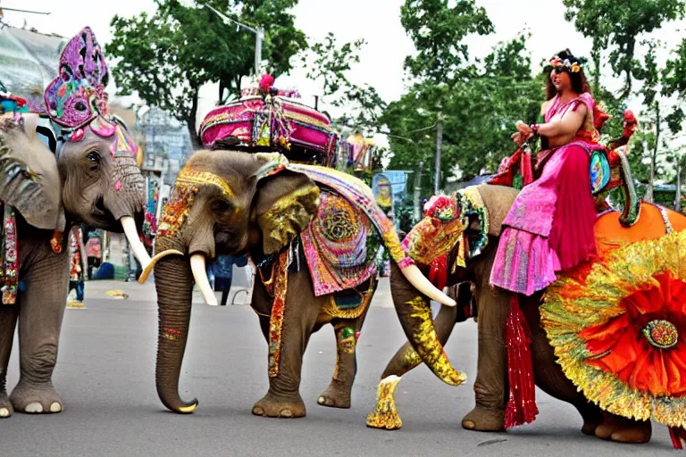 Prompt: bohemian fairy riding an elephant in an Indian parade