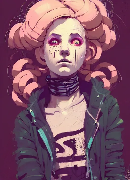 Image similar to highly detailed portrait of a sewer punk lady, tartan hoody, blonde ringlet hair by atey ghailan, by greg rutkowski, by greg tocchini, by james gilleard, by joe fenton, by kaethe butcher, gradient magenta, black, blonde cream and white color scheme, grunge aesthetic!!! ( ( graffiti tag wall background ) )