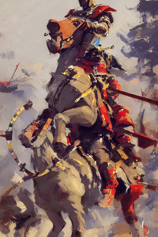 Image similar to close - up portrait of colorful rider pointing jousting lance at camera, caparisons, chainmail, by greg manchess, bernie fuchs, ruan jia, walter everett