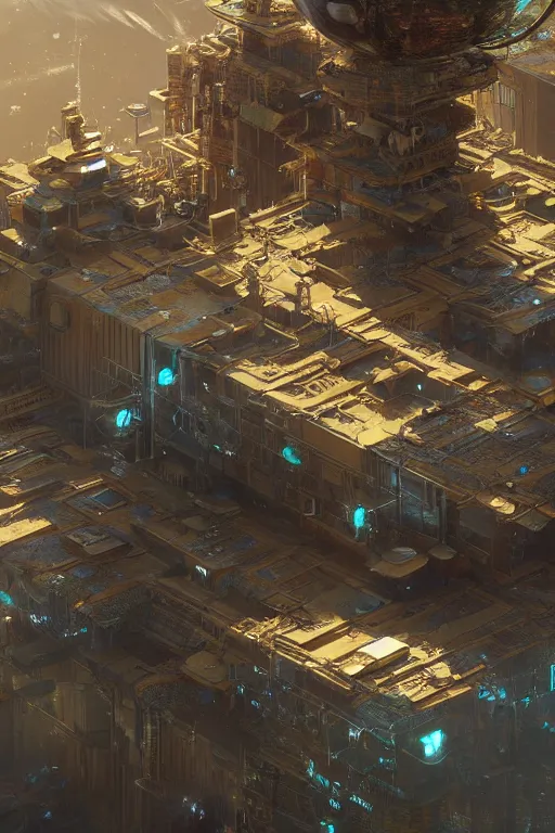 Image similar to Digital concept art, detailed s the giant detailed solarpunk computer by Hiromasa Ogura, highly Detailed digital concept art by Greg Rutkowski, Dimensional Cyan Gold Natural light, rendered in Octane Render