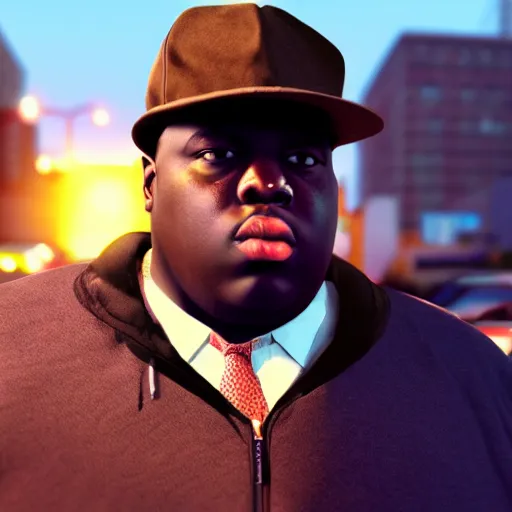 Image similar to Portrait of Biggie Smalls in GTA IV, splash art, movie still, cinematic lighting, dramatic, octane render, long lens, shallow depth of field, bokeh, anamorphic lens flare, 8k, hyper detailed, 35mm film grain