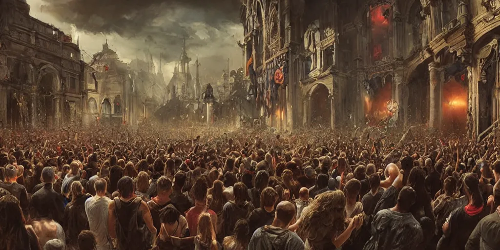 Prompt: a highly detailed a christian punk rock concert, painting by james gurney greg rutkowski photo by angelique boissiere art streiber, photorealistic, hyperdetailed, cinematic, filmic