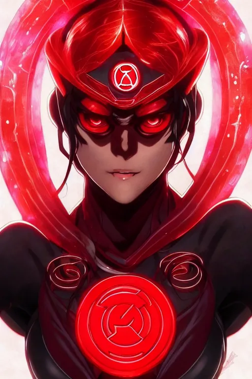 Image similar to anime key visual of a beautiful female red lantern!! intricate, red and black suit, glowing, powers, rage, anger, hate, dc comics, cinematic, stunning, highly detailed, digital painting, artstation, smooth, hard focus, illustration, art by artgerm and greg rutkowski and alphonse mucha