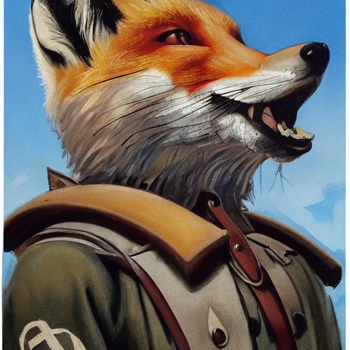 Prompt: 8k UHD, realism, painting in the style of WW1 propaganda, trending on artstation: (subject = anthropomorphic fox soldier resting + subject detail = fox head, anthropomorphic, in trenches, high detail, high detailed fabric, high texture detail)