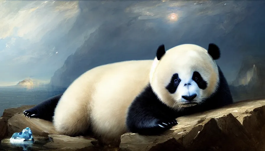 Image similar to highly detailed painting of humanoid creature thats half man and half cute baby white furry seal panda hybrid on a blue and white iceberg by william turner, by greg rutkowski, by william constable, thick brush strokes and visible paint layers, 4 k resolution