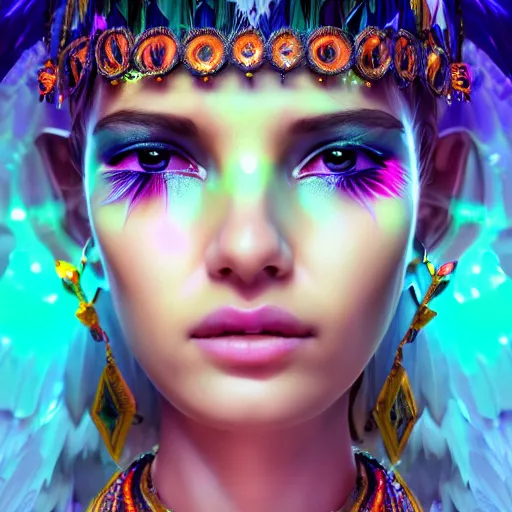 Image similar to portrait highly detailed beautiful symmetrical face high priestess intricate elegant detailed crystal jewellery with tribal feathers, lush colourful volumetric lighting, anime digital painting, concept art, smooth, sharp focus 3 d, divine realm of gods, realistic cinematic style, octane render, photographic, unreal engine 8 k