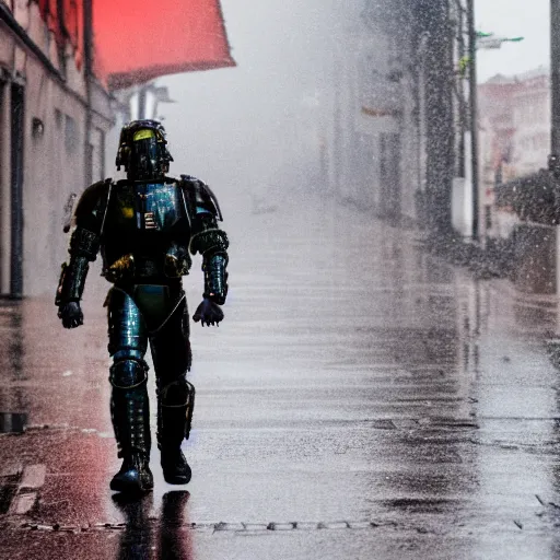 Prompt: a man wearing futuristic space marine armor walks down a rainy street in prague, photography, movie still, dslr 5 5 mm, 4 k