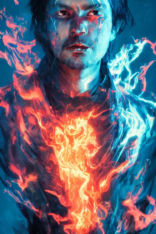 Image similar to a fancy portrait of a very mad mage covered in coloured flames by greg rutkowski, sung choi, mitchell mohrhauser, maciej kuciara, johnson ting, maxim verehin, peter konig, 8 k photorealistic, cinematic lighting, hd, high details,