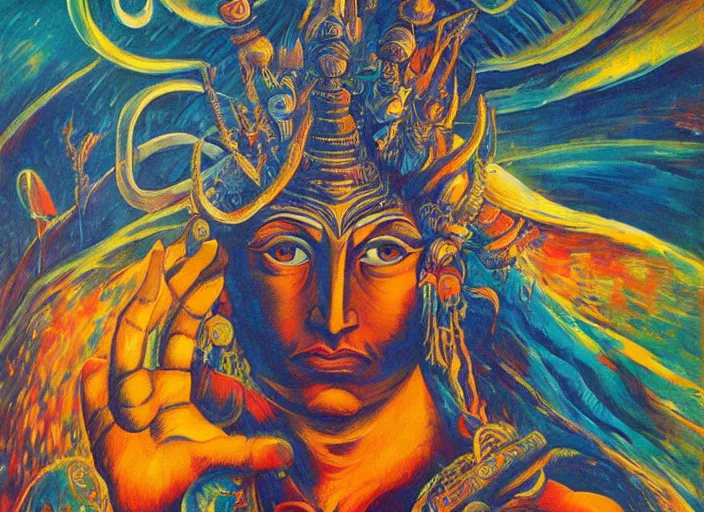 Prompt: an oil on canvas painting of Shiva, by Dan Mumford and Umberto Boccioni, sanskrit, 3d, realistic shading, complimentary colors, aesthetically pleasing composition, masterpiece, 4k, 8k, ultra realistic, super realistic