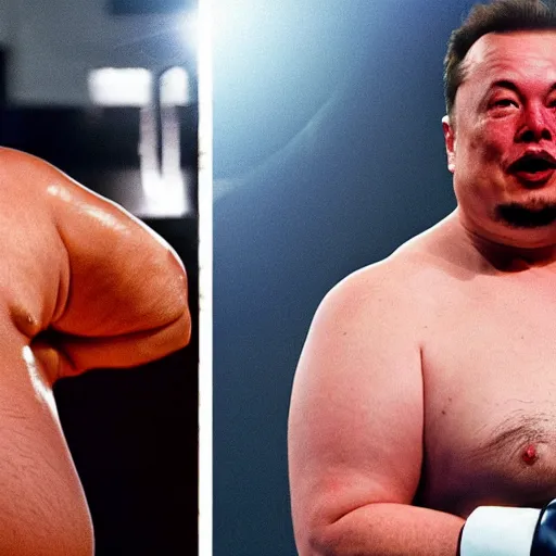 Prompt: obese elon musk fighting obese steven seagal in a boxing match, wet