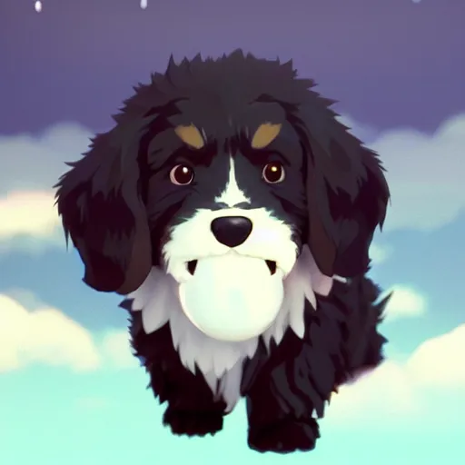 Image similar to a wholesome animation key shot of a black bernedoodle puppy, studio ghibli, sharp, rendered in unreal engine 5, anime key art by greg rutkowski, bloom, dramatic lighting