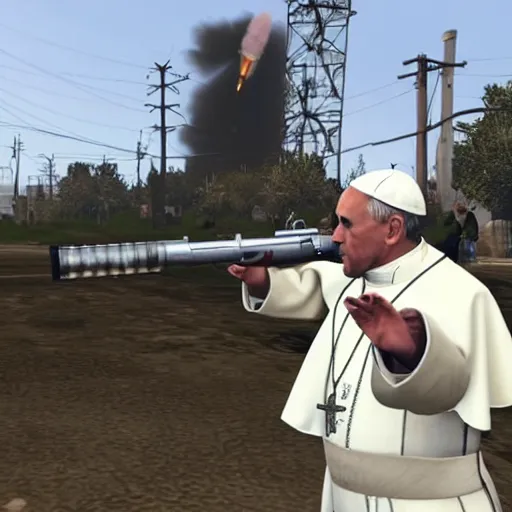 Prompt: the pope shooting a rocket launcher, GTA V style