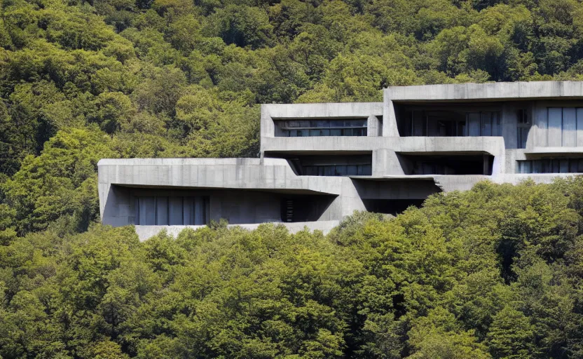 Image similar to Neo-future brutalist house on a secluded mountain with trees around