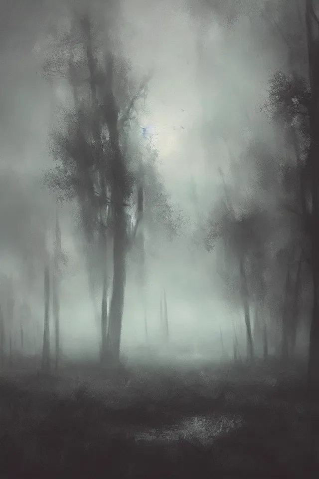 Prompt: “a painting of a dark foggy marsh landscape, a detailed matte painting by Artem Demura, artstation hq, matte painting, volumetric lighting”