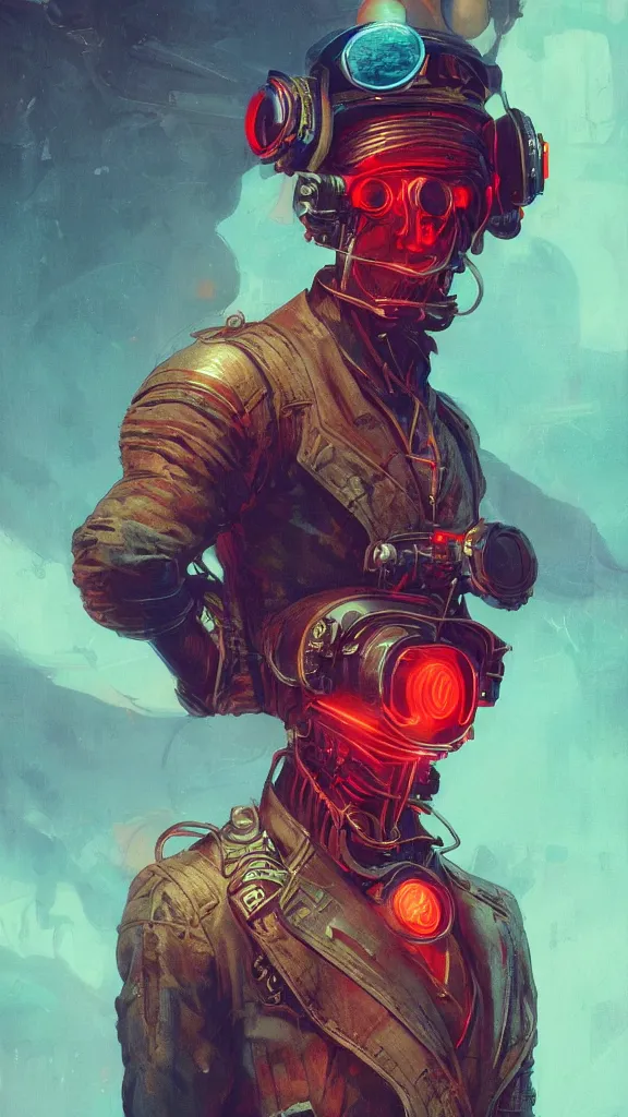 Image similar to concept art, retro - futurist steampunk pilot portrait, imperious, octane render, heroic, artstation, dramatic neon lighting, glowing imperial motifs, eerie, mysterious, red turquoise accents, bladerunner, by gerald brom, james jean, syd mead, akihiko yoshida, cinematic