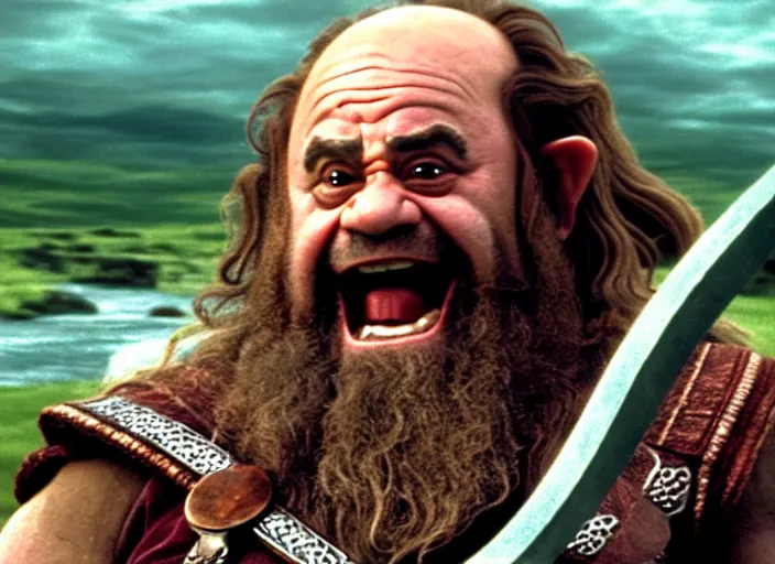 Image similar to film still of danny devito as gimli in lord of the rings movie, 8 k