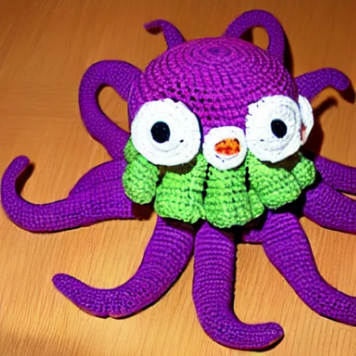 Image similar to a crochet octopus that is eating sushi, crochet octopus eating sushi, photo realistic, indoor lighting