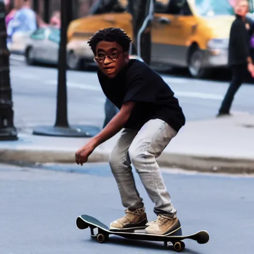 Image similar to high quality photo of a black harry potter on a skateboard in new york city