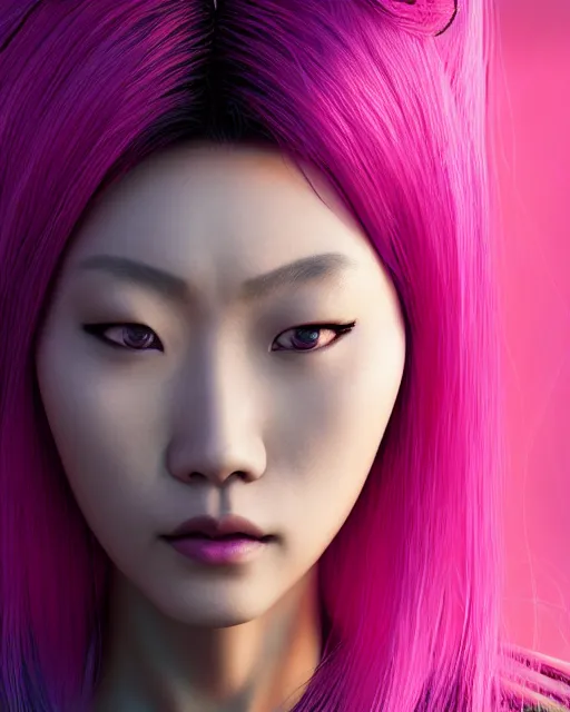 Image similar to portrait of a beautiful asian woman with pink hair as a cyberpunk cyborg half robot, skin open to reveal wires and electronics, sci - fi, missing panels, intricate abstract upper body intricate artwork, concept art, octane render, deviantart, cinematic, key art, hyperrealism, iridescent accents, portrait photograph, nikon 3 5 mm, photograph by greg rutkowski