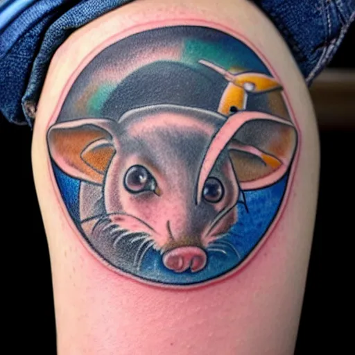 Image similar to tattoo of an opossum flying a plane