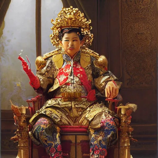 Image similar to portrait of the emperor of japan dressed as a chicken, sitting on his throne at his palace, highly detailed painting by gaston bussiere, craig mullins, j. c. leyendecker 8 k